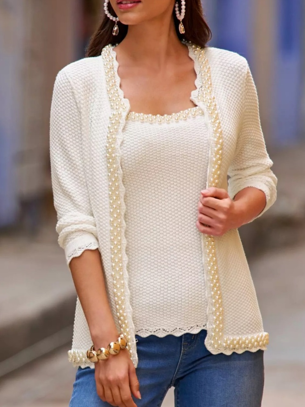 Boston Proper Pearl-Trim Textured White Knit Open Cardigan Size Small